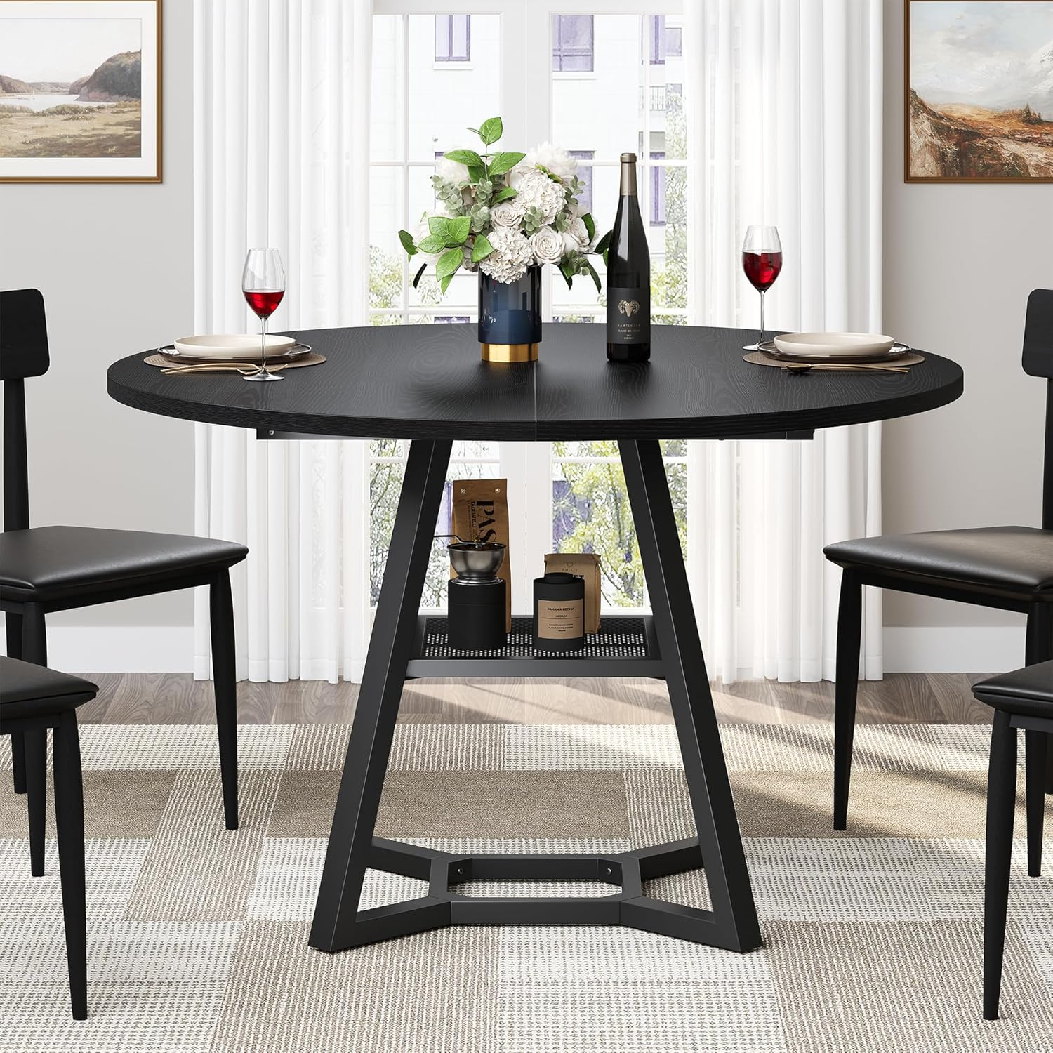 43" Round Dining Table for 4 - Space-Saving Black Wood & Metal Design