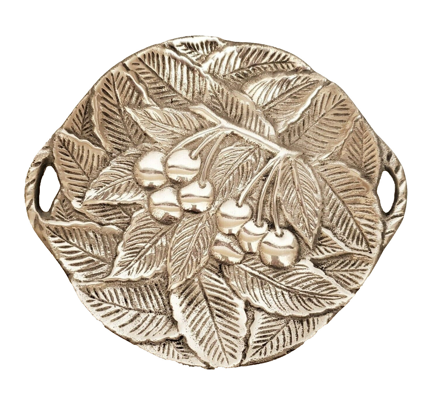 Silver Metalware Bowl Tray Dish Cherries Leaves Made in India 7.5" diameter NIce