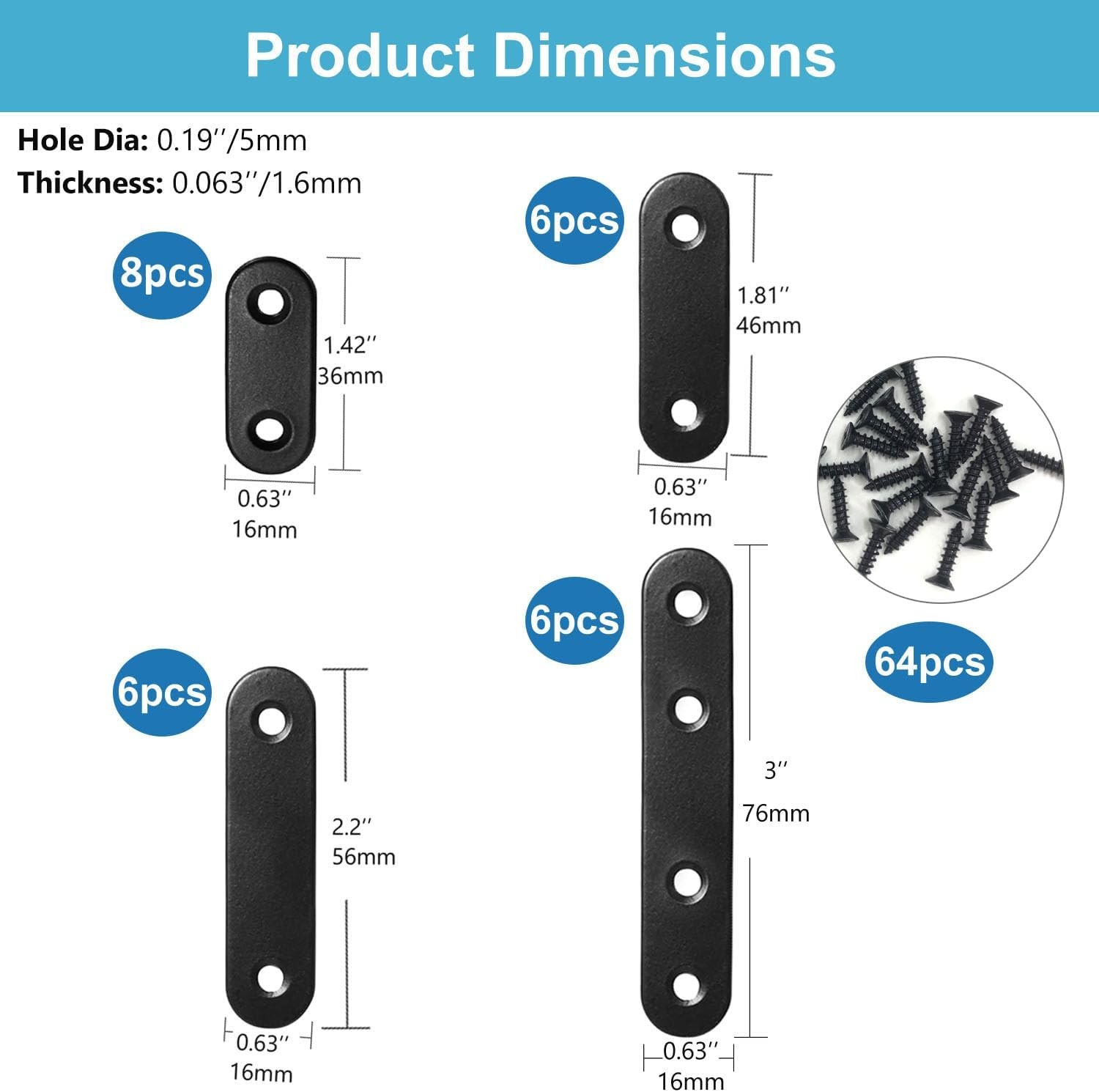 QSJ 26 Sets Flat Plate Straight Bracket Brace Black,Kit, Black