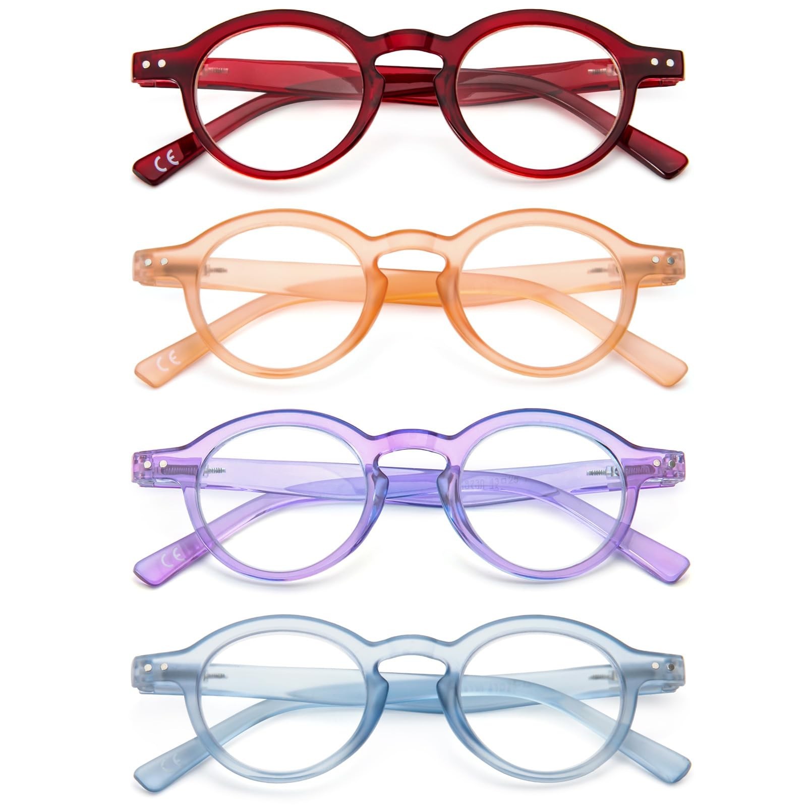 KoKoBin 4-Pack Small Round Reading Glasses Comfortable Readers Colored Stylis...
