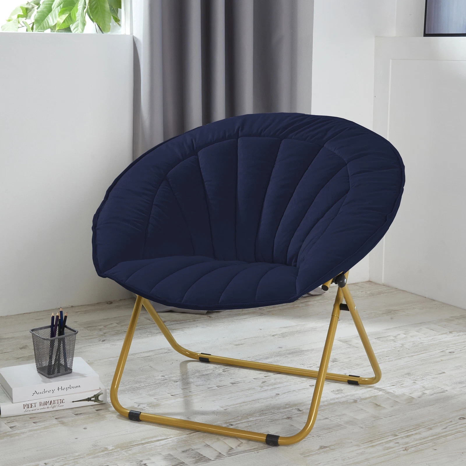 Urban Shop Velvet Channel Stitch Saucer Chair Navy Blue Accent Chair New