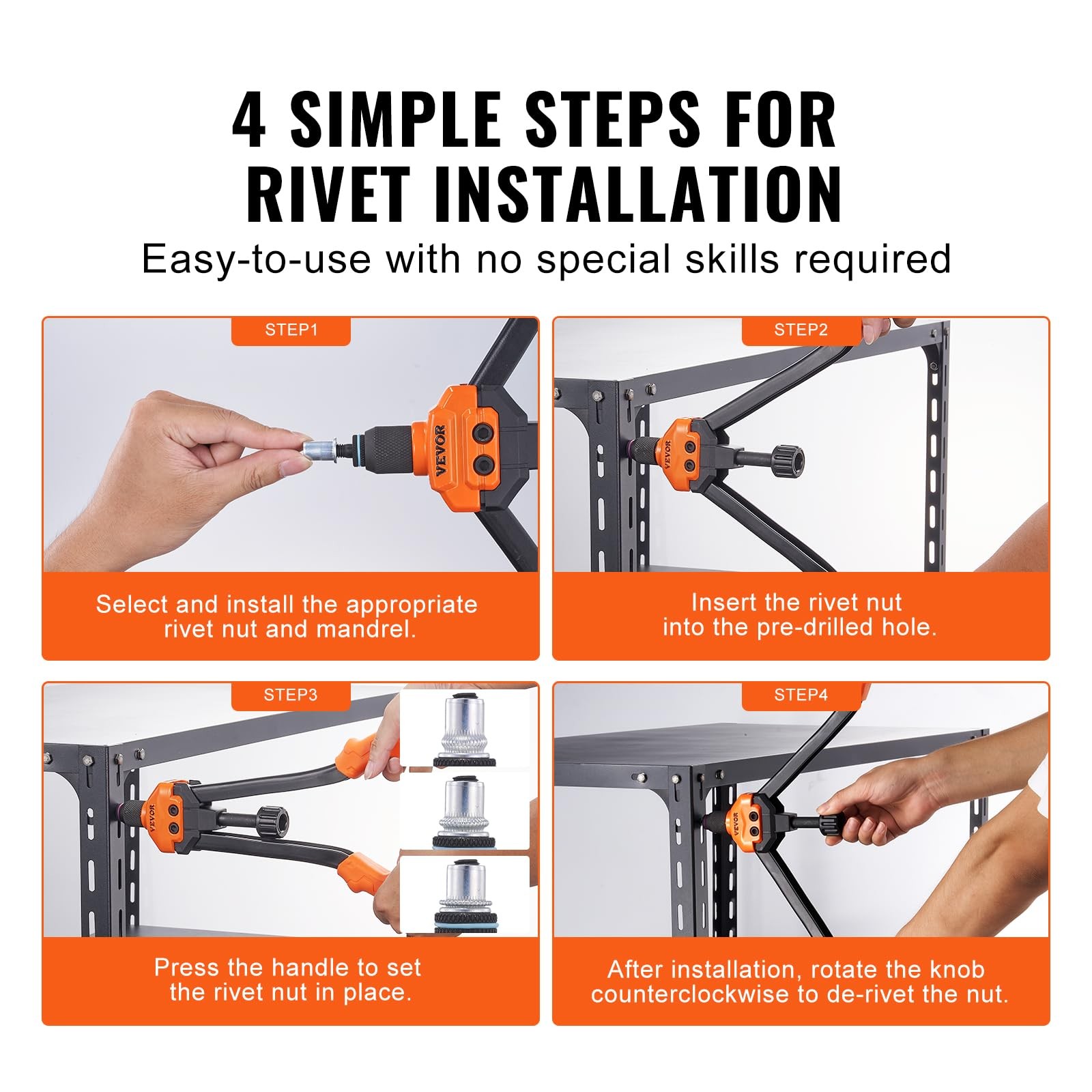 VEVOR 16" Rivet Nut Tool, Labor-Saving Rivnut Tool Kit 16", Orange & Black