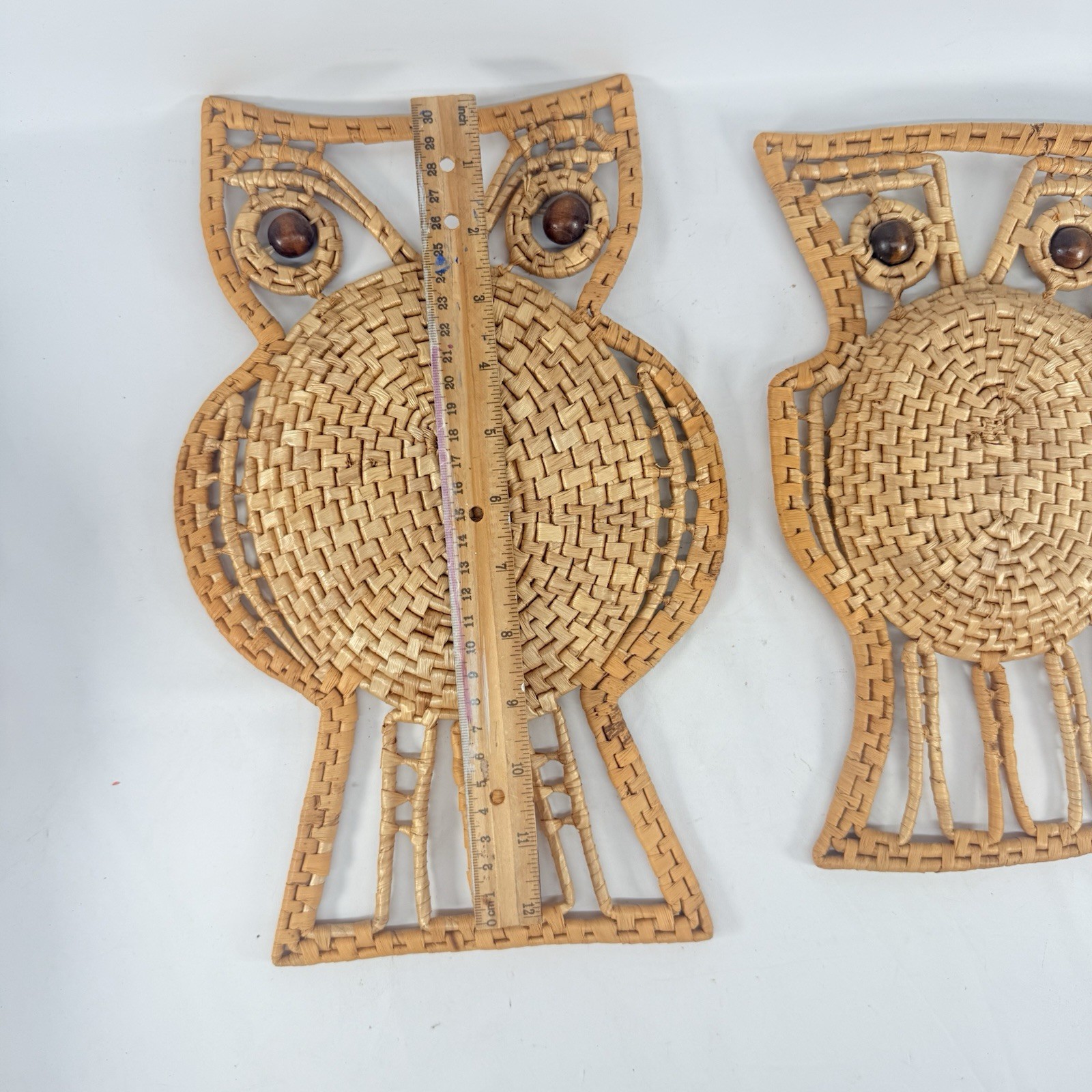 Handcrafted Woven Owl Basket Wall Hanging Trivet Boho Rustic Fall 1970s