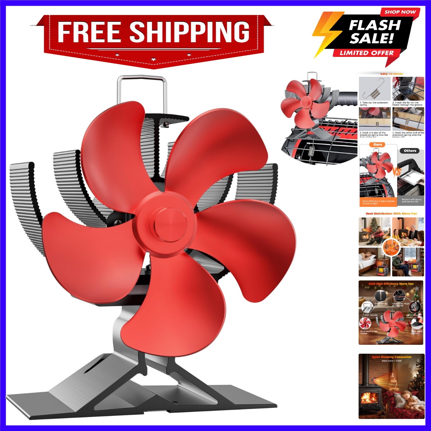 Wood Stove Fan Non Electric: Heat Powered Fireplace Fan with Slot & Spring Fi...
