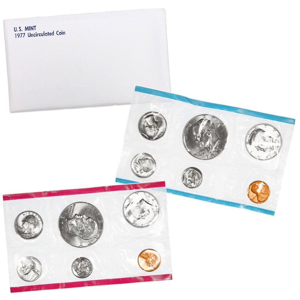 1977 P&D Mint Set with 12 Brilliant Uncirculated US Coins & Envelope (12 Coins)