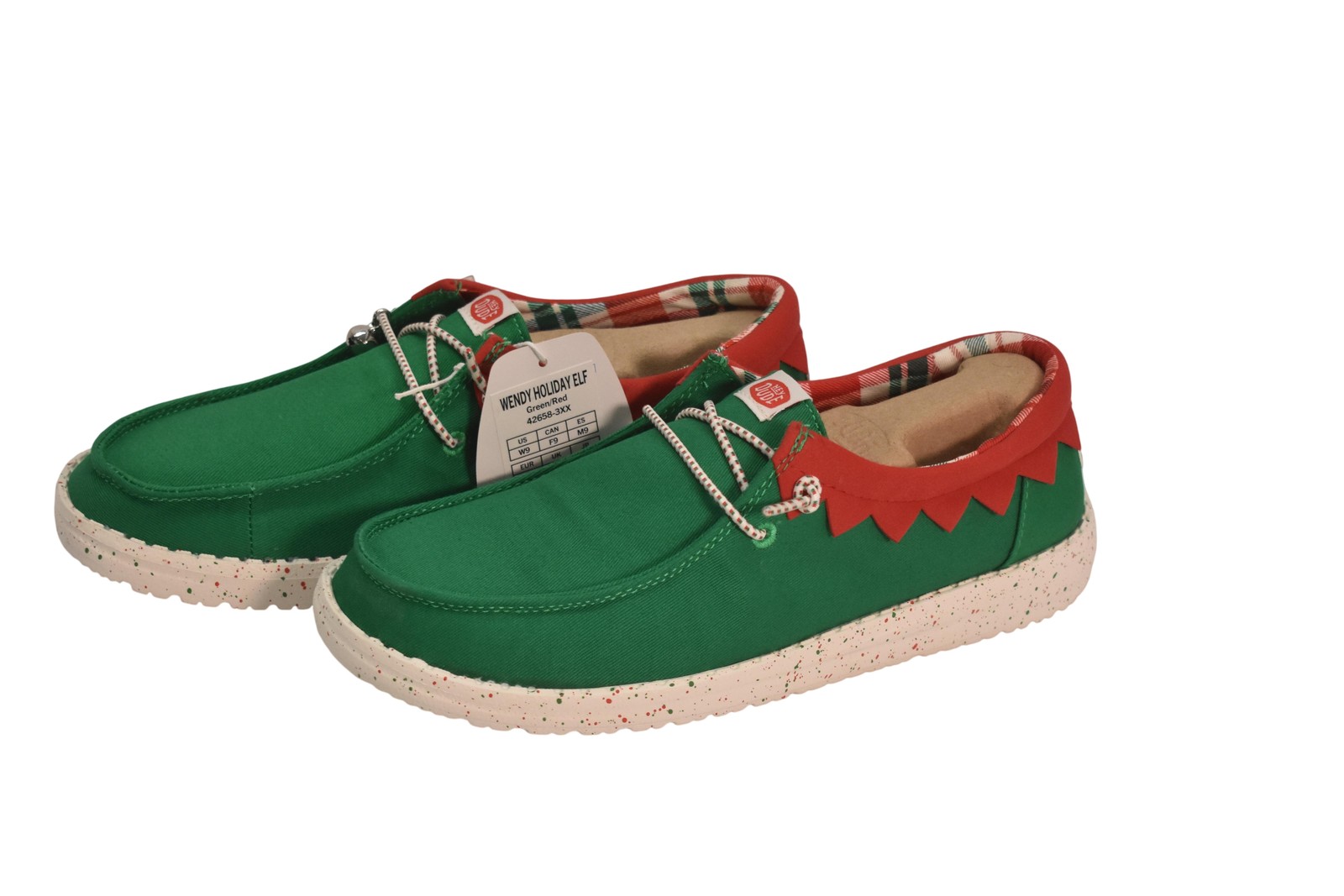 Hey Dude Wendy Holiday Elf Shoes Womens Size 9 Green Red Slip On Lined Comfort