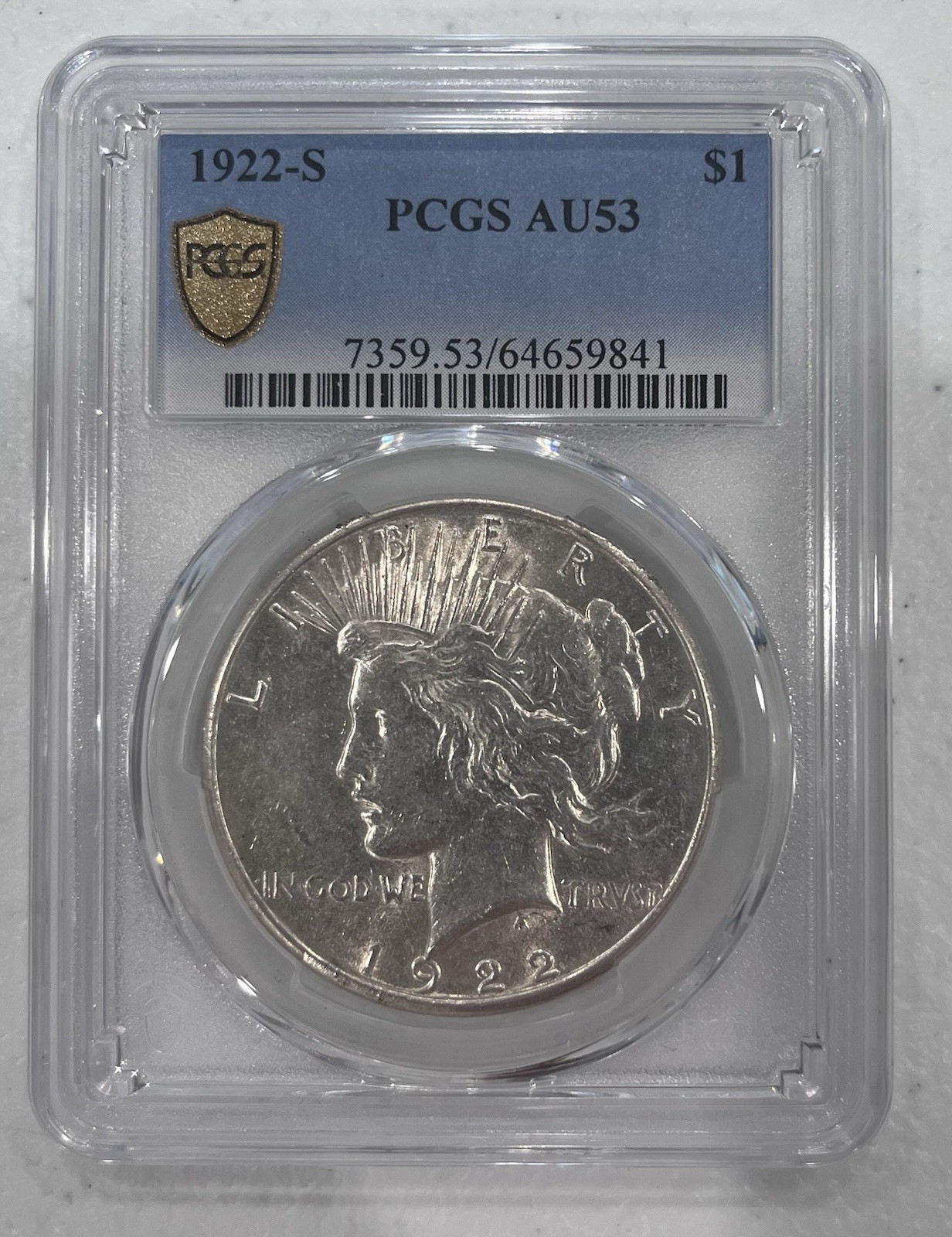 1922 S PEACE SILVER DOLLAR PCGS AU53