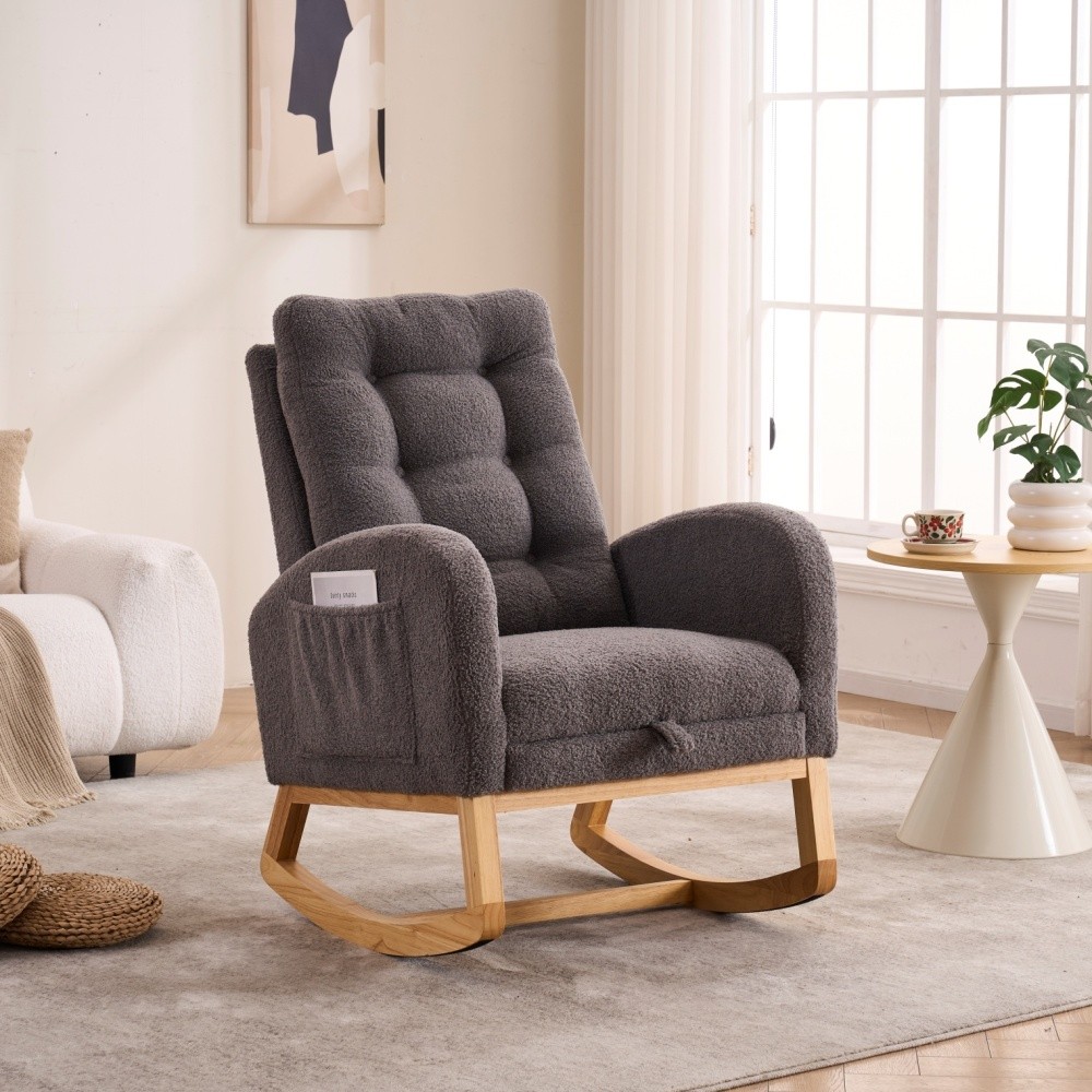 Rubber wood rocking chair with high backrest, shoulder strap, footrest, cushion