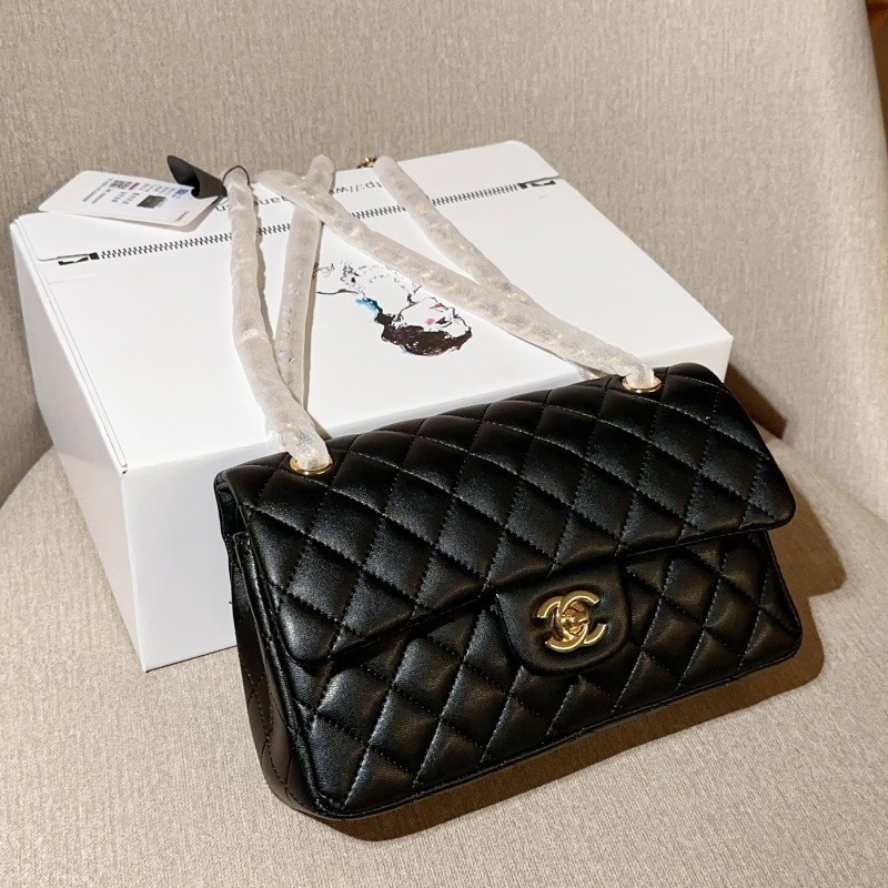 Classic Flap CF Leather Pattern Shoulder Bag with Stripes - Black Small Size