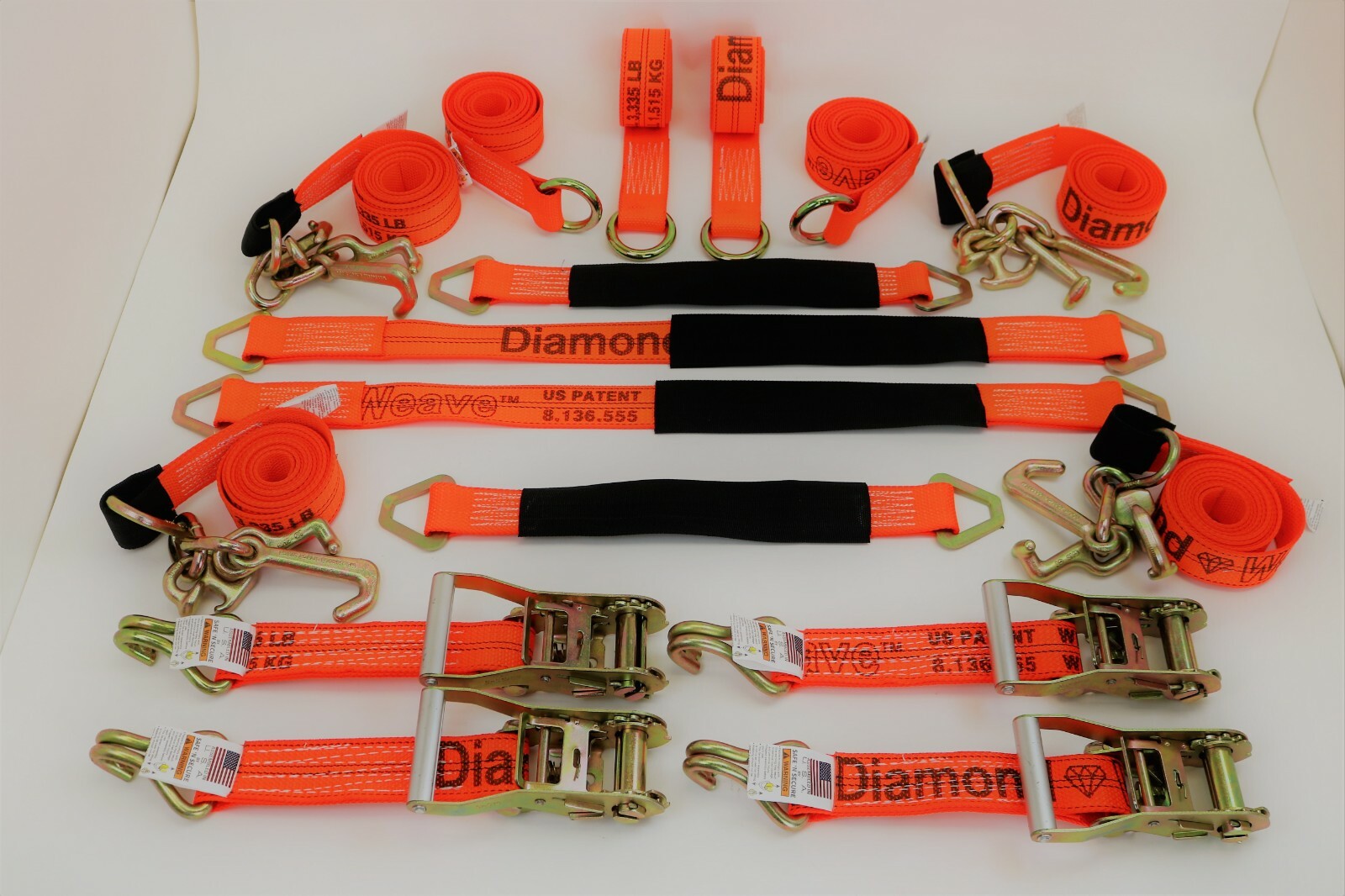 16 Piece Car Tie Down Kit Rollback / Flatbed Car Tie-Down Orange Diamond Weave