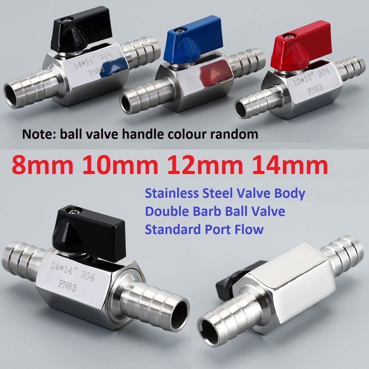 304 Stainless Steel Ball Valve Faucet 8/10/12/14mm Hose Barb Equal Diameter