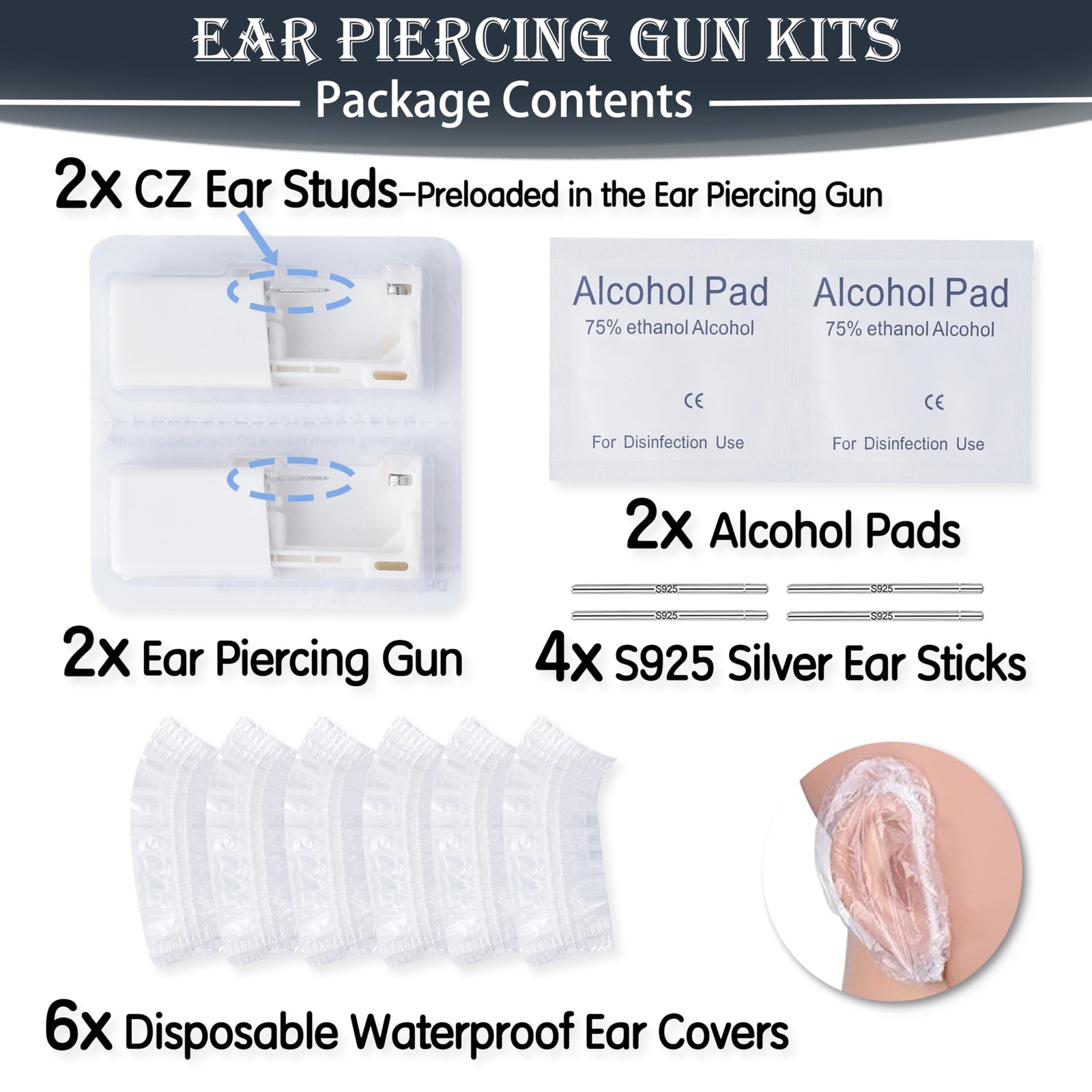Ear Piercing Kit, 2 Pcs Disposable Ear Piercing Gun with Preloaded Ear Stud, ...