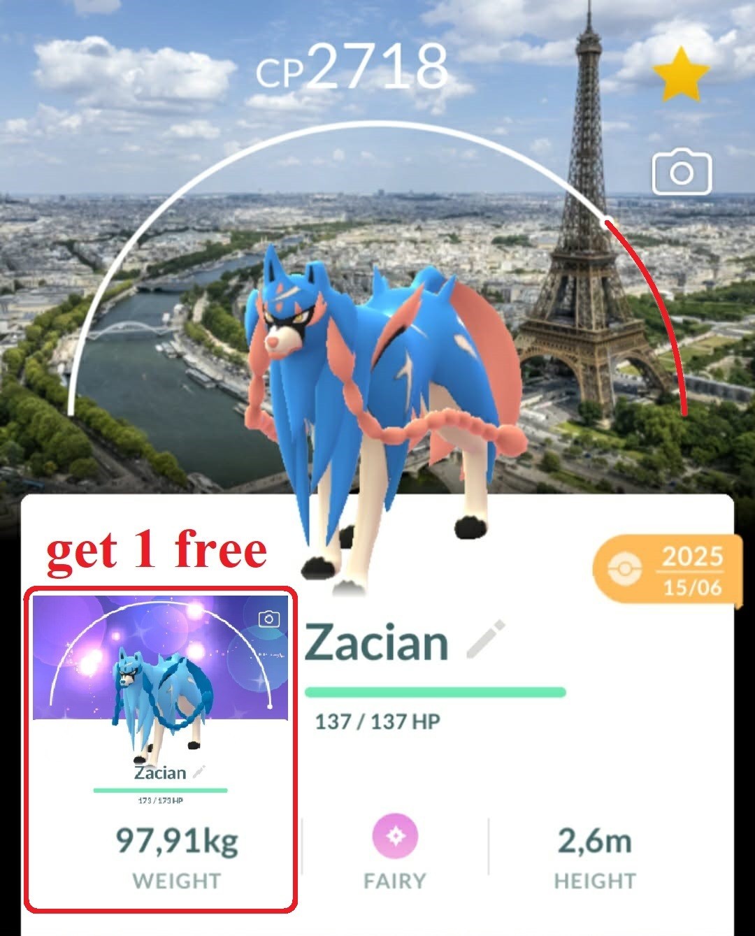 Pokémon Go Zacian Paris.BG & LV 50 + 2 moves- Registered Trade