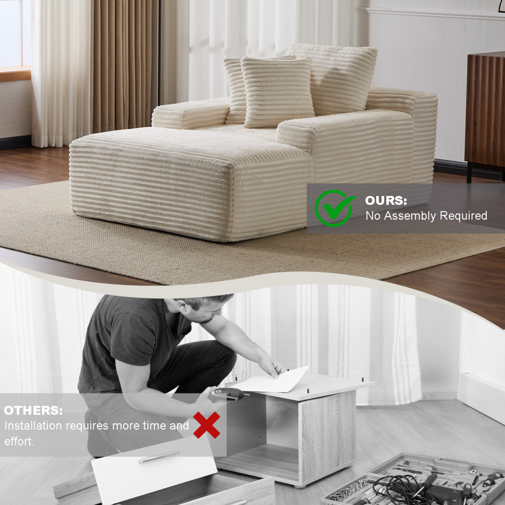 Oversized Chaise Lounge Chair, Plush Sleeper Daybed Corduroy Sofa White