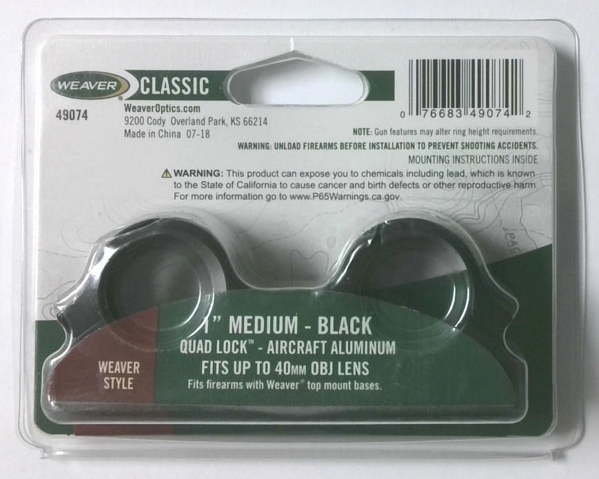 Weaver Classic Scope Rings Medium Black Quad Lock 49074 1" Aluminum
