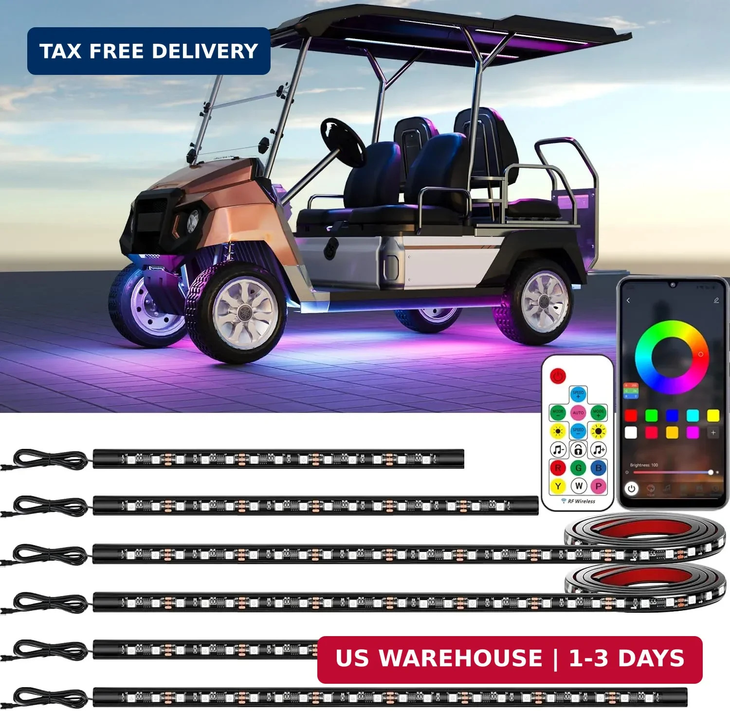 6PCS Golf Cart Underglow LED Light Kit with Built-in 12V-80V Reducer & Canopy Li