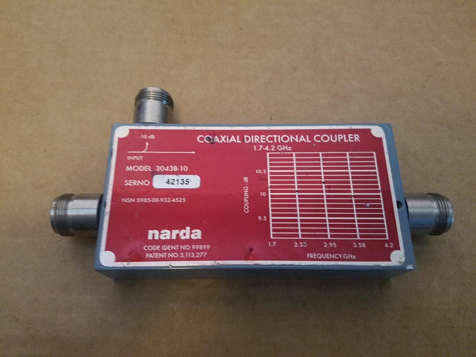 Narda 3043B-10 Coaxial Directional Coupler 1.7-4.2GHz Microwave Type-N(f) -10dB