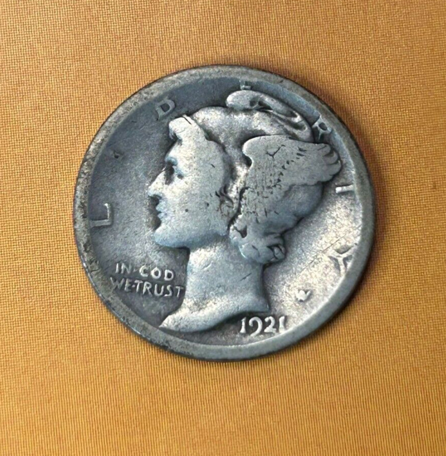 1921 D Mercury Dime- 90% Silver US Coin- Fine.-zm