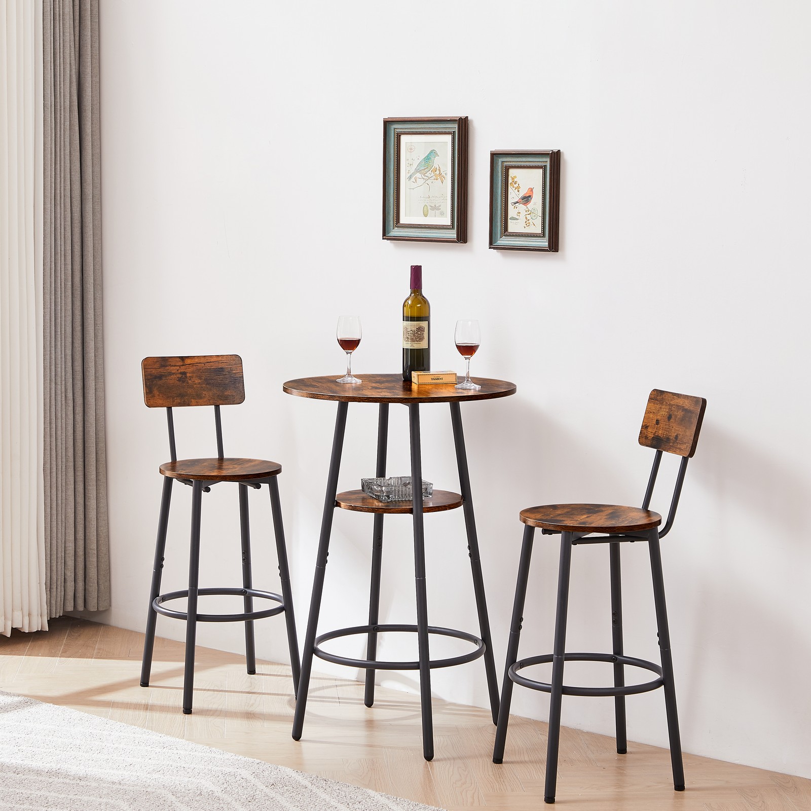 Round bar stool set with shelves, stool with backrest Rustic Brown, 23.6'' Dia