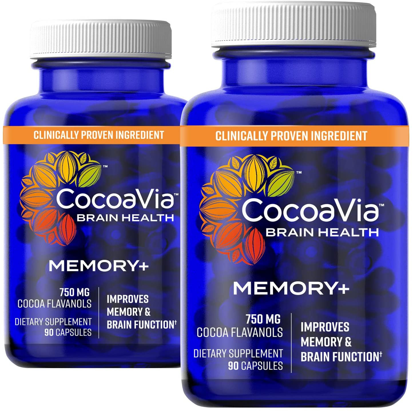 CocoaVia Memory+ Brain Supplement 750 mg Cocoa Flavanols Capsules, Pack of 2