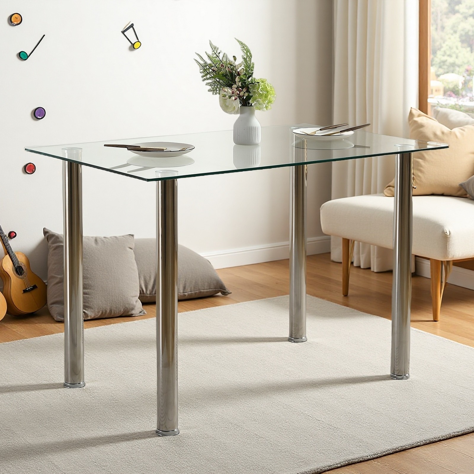 Glass Dining Table - 4 Seater Tempered Clear Glass 43.3" Rectangle Kitchen Desk