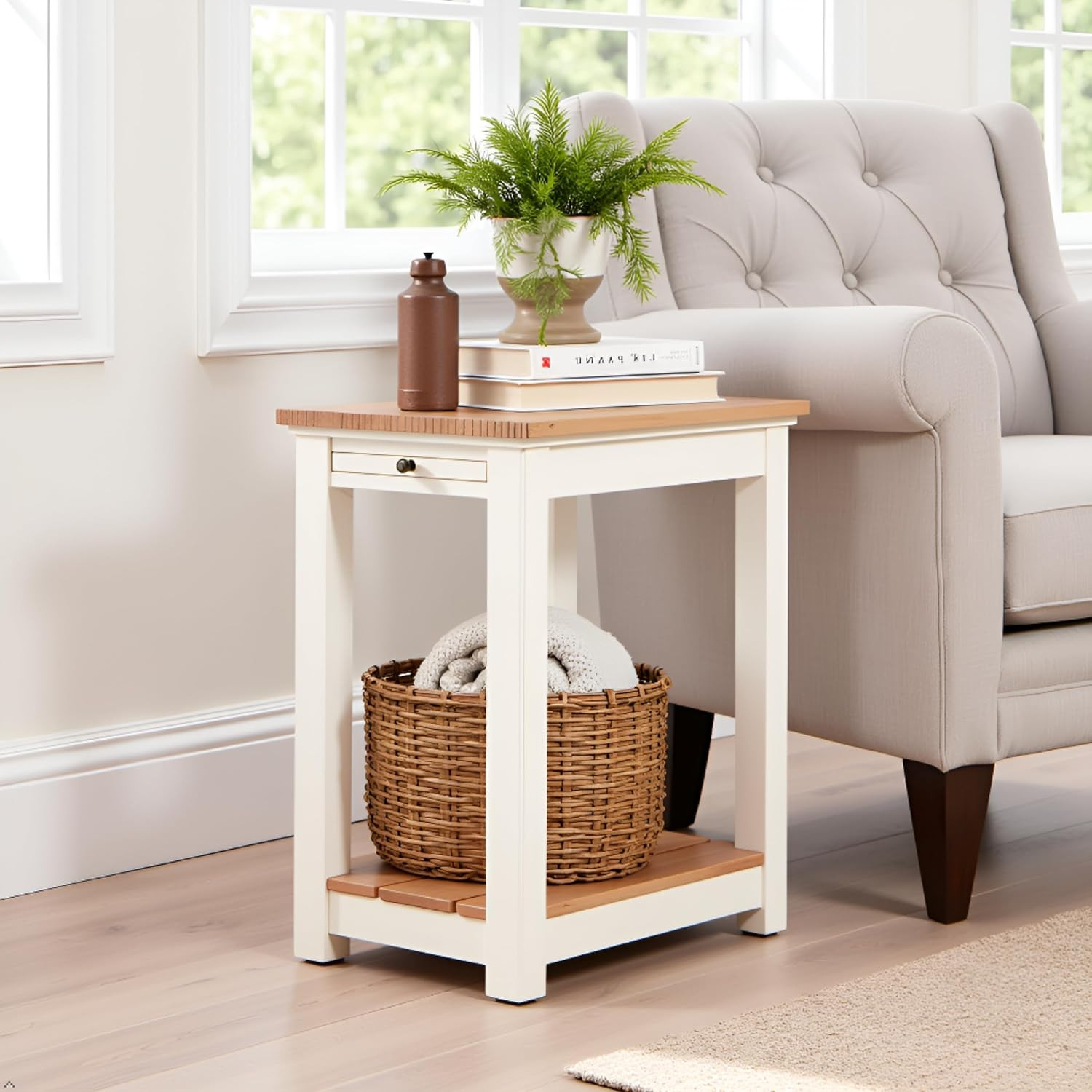Savannah Narrow End Table – 12” W X 22” D Small Side Table with Pull-Out Tray an