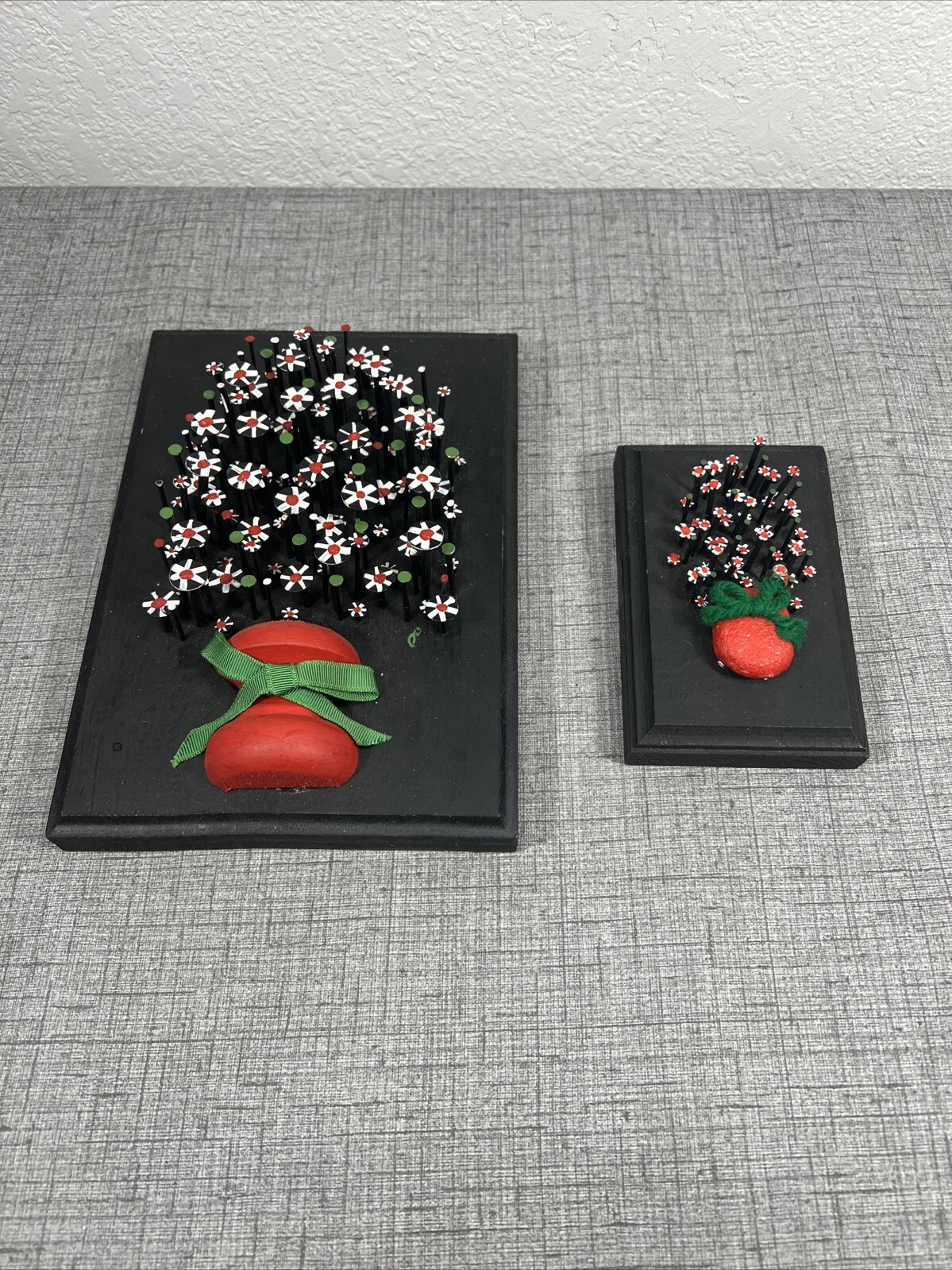 Folk Art Plaque Nails Flower Art Wood  Vintage 8"x5 -4x3 Hippy Wooden SET