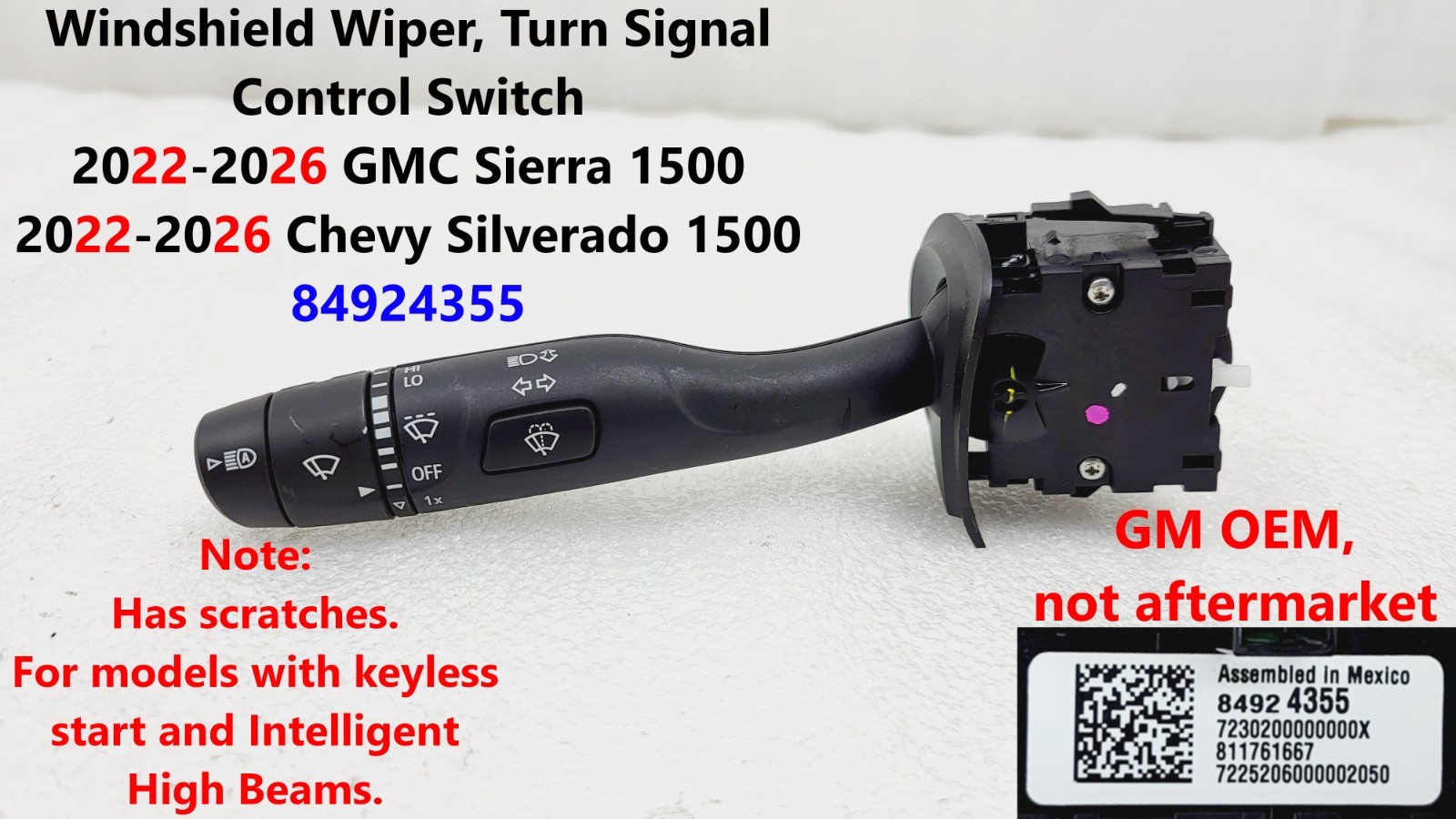 2022-2026 SIERRA SILVERADO 1500 TURN SIGNAL WIPER CONTROL SWITCH OEM 84924355