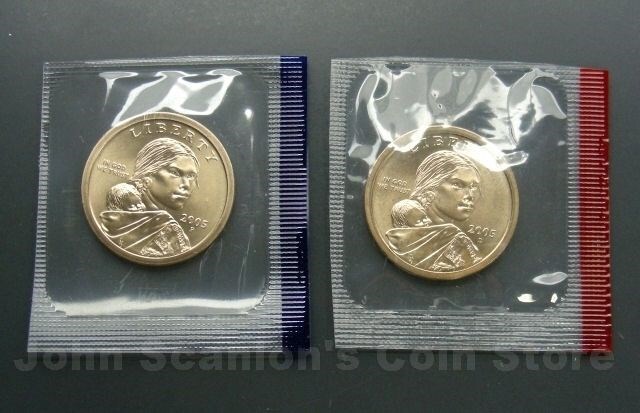 2005 P&D Sacagawea Dollars 2-Coin Set (In Mint Cello) BU Satin Finish