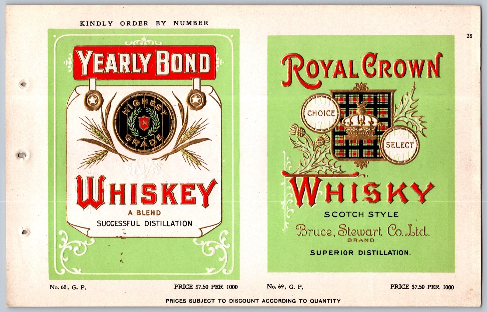 c1910 embossed salesmans sample whiskey labels (whisky) YEARLY BOND/ ROYAL CROWN