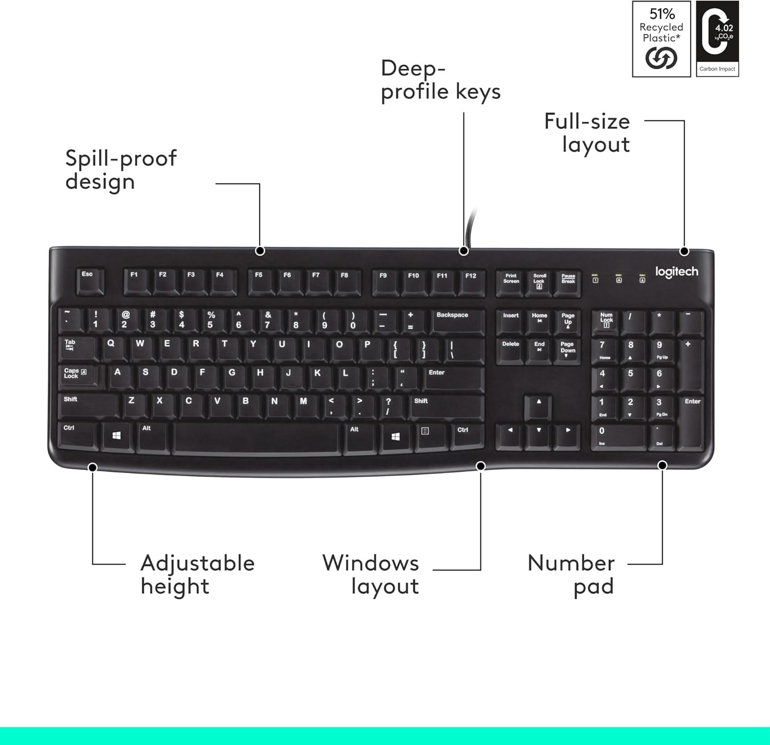 K120 Wired QWERTY Keyboard - Easy Setup, Spill-Resistant, Eco-Friendly Design