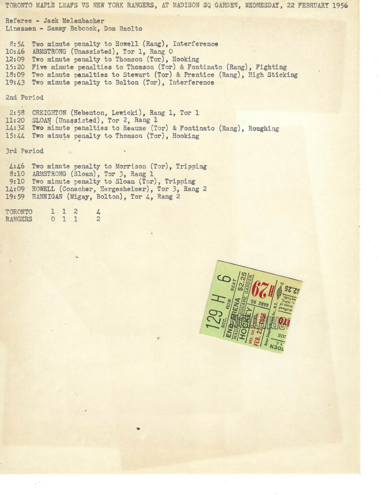 1956 2/22 hockey program Toronto Maple Leafs New York Rangers w/ ticket &summary
