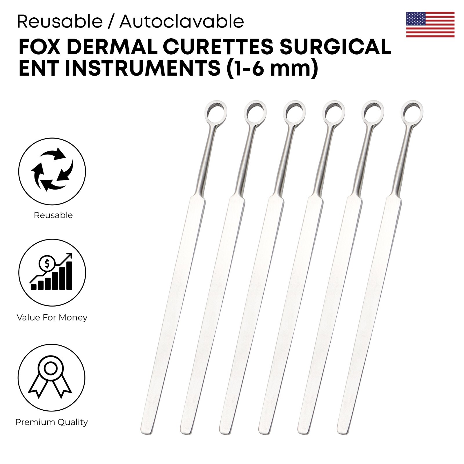 6 Pcs Fox Dermal Curettes 1-6 mm German Stainless Steel Surgical ENT Instruments