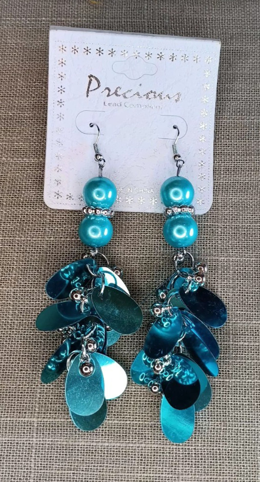 Precious Teal Bead Sequin Dangle Pierced Earrings