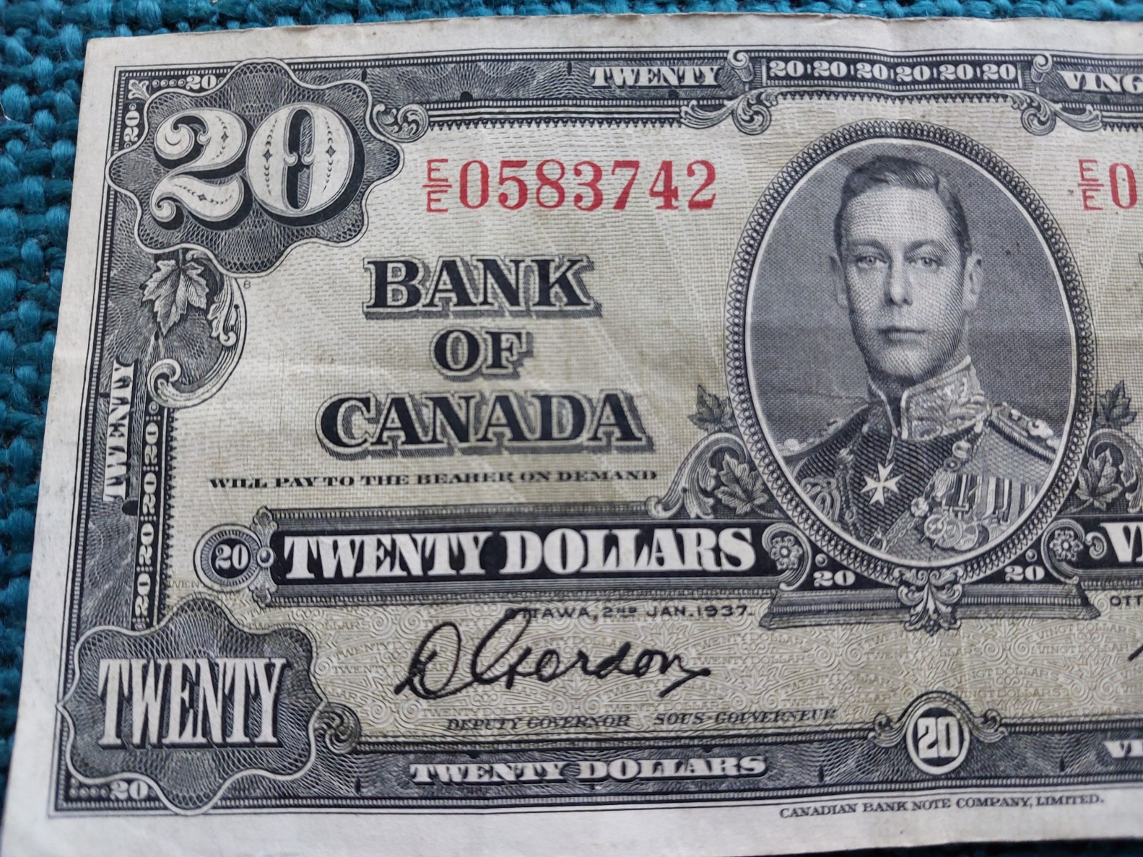 1937 Canada 20 Dollars Bill Great Condition!