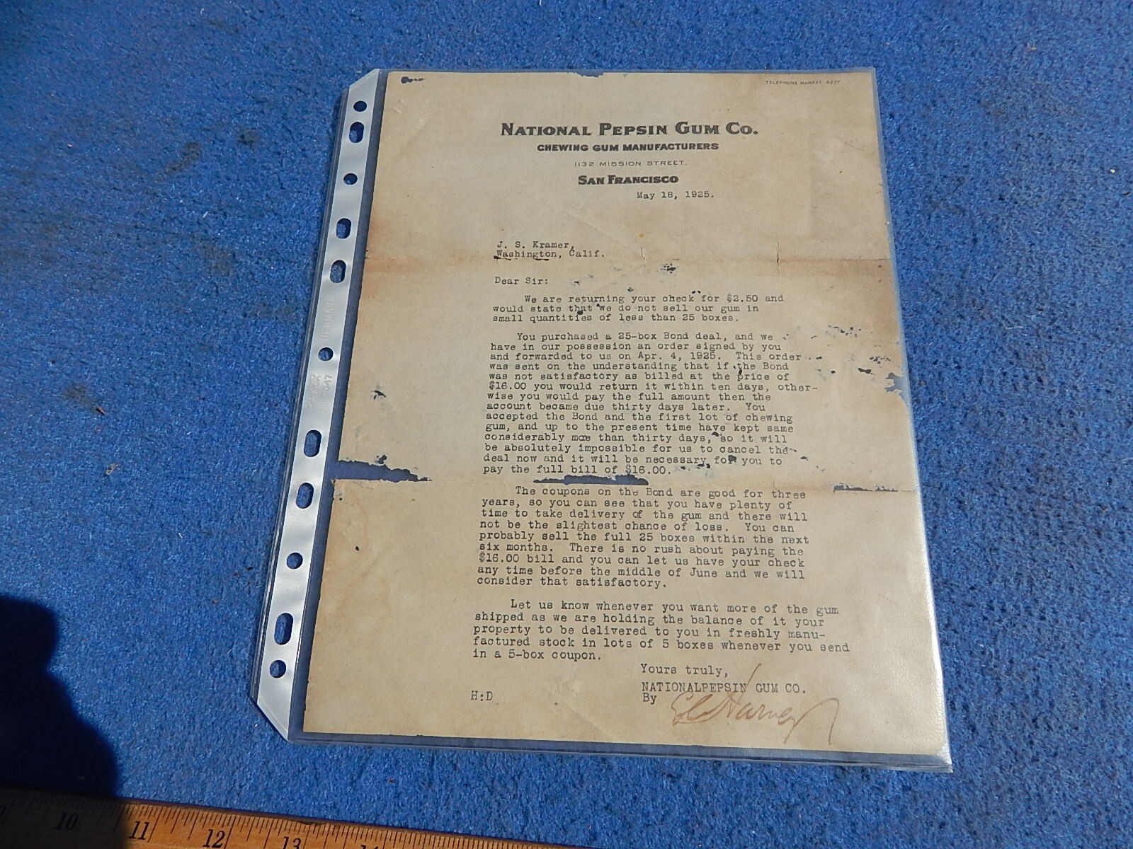 1925 National Pepsin Gum Company San Francisco original letter May 18, 1925
