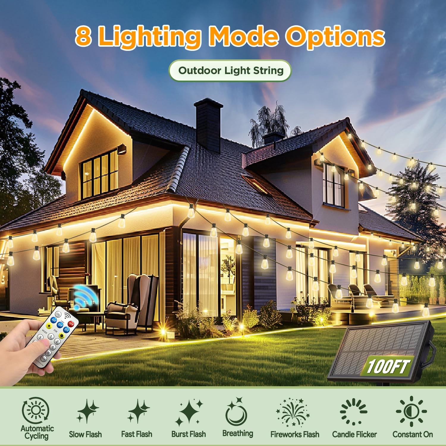 Outdoor Wedding Patio Lights - 100ft Solar LED String Remote Timer