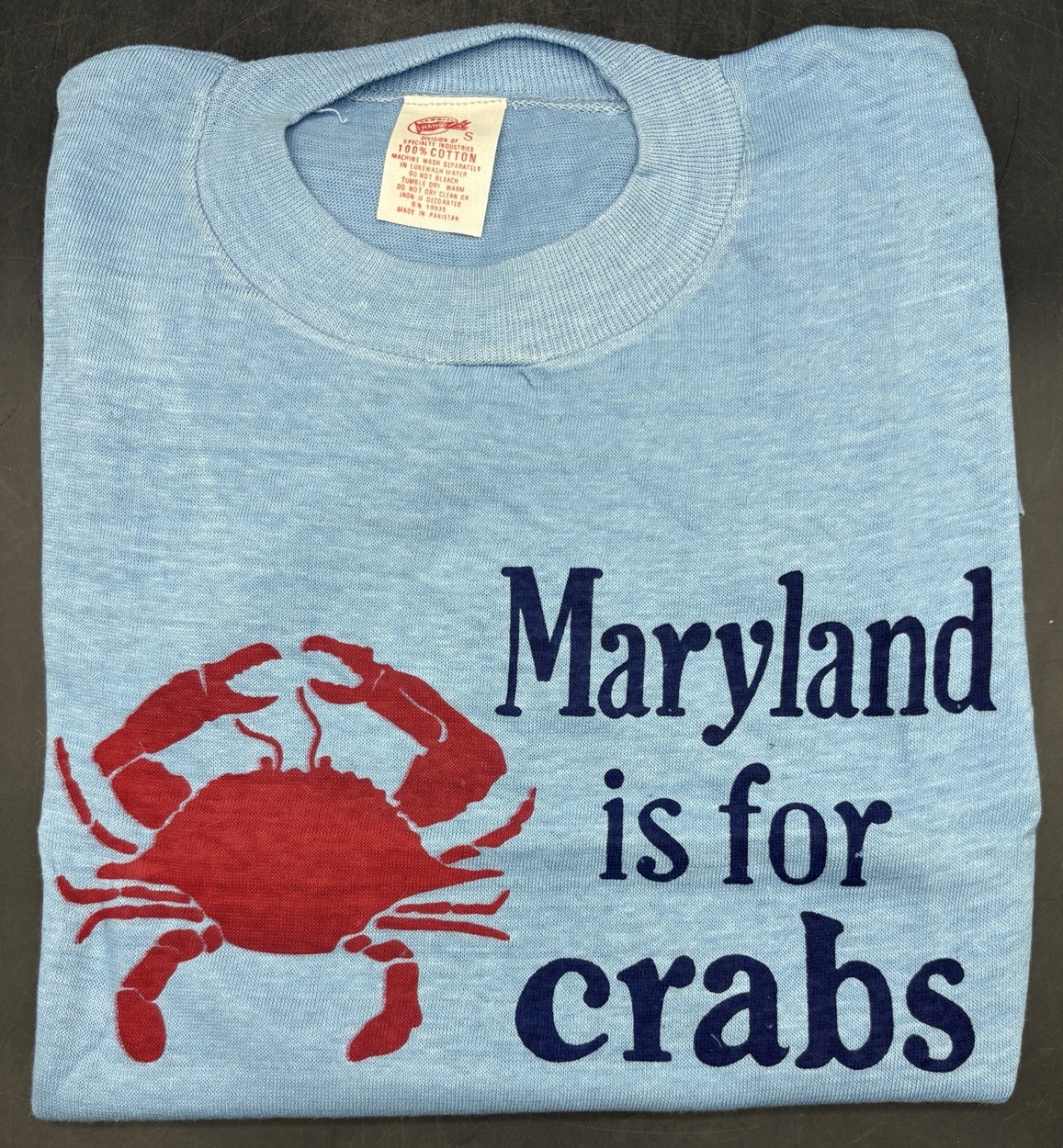 VTG 70's Maryland Is For Crabs T Shirt DEADSTOCK NOS Blue Hanco Adult SMALL