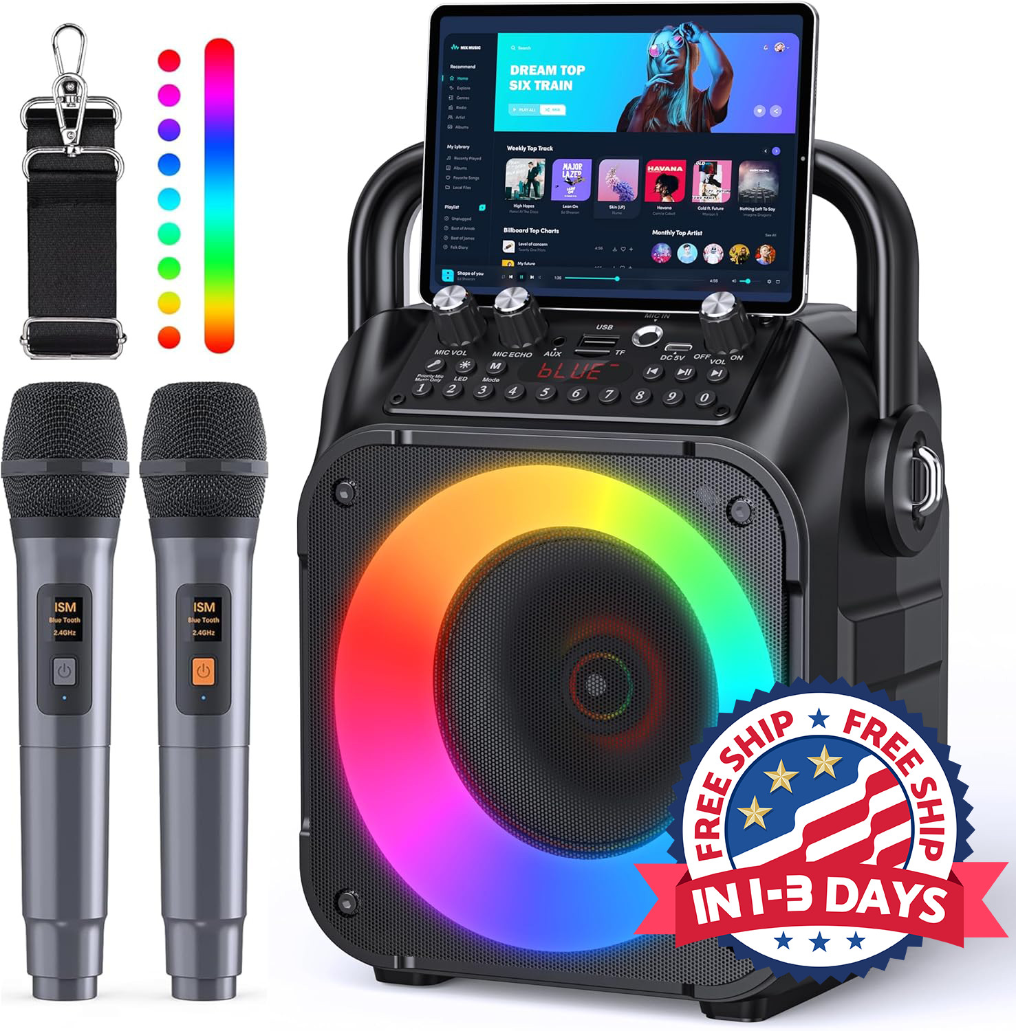 Máquina De Karaoke, Con 2 Micrófonos Inalámbricos, Altavoz Portátil Bluetooth Pa