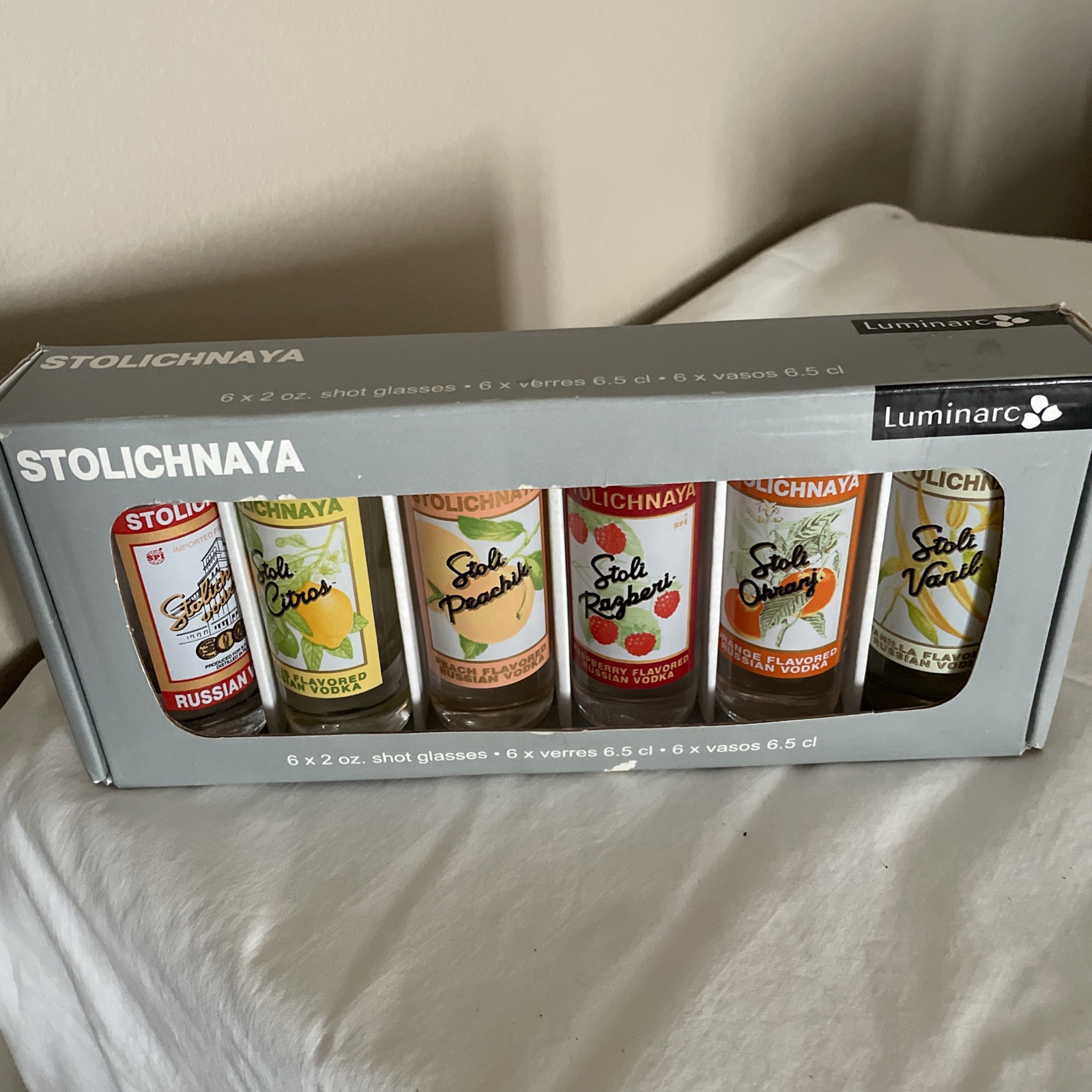 Vintage Stolichnaya Russian Vodka 4" Tall Shot Glass Set of 6 Luminarc