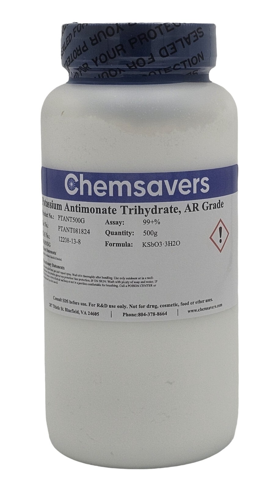 Potassium Antimonate Trihydrate, AR Grade, 99+%, 500g