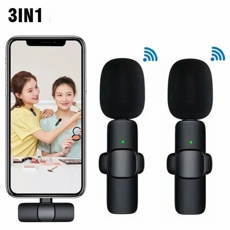 USB C Mini Mic (2) Rechargeable Wireless Microphones & 1 Receiver Type C Black