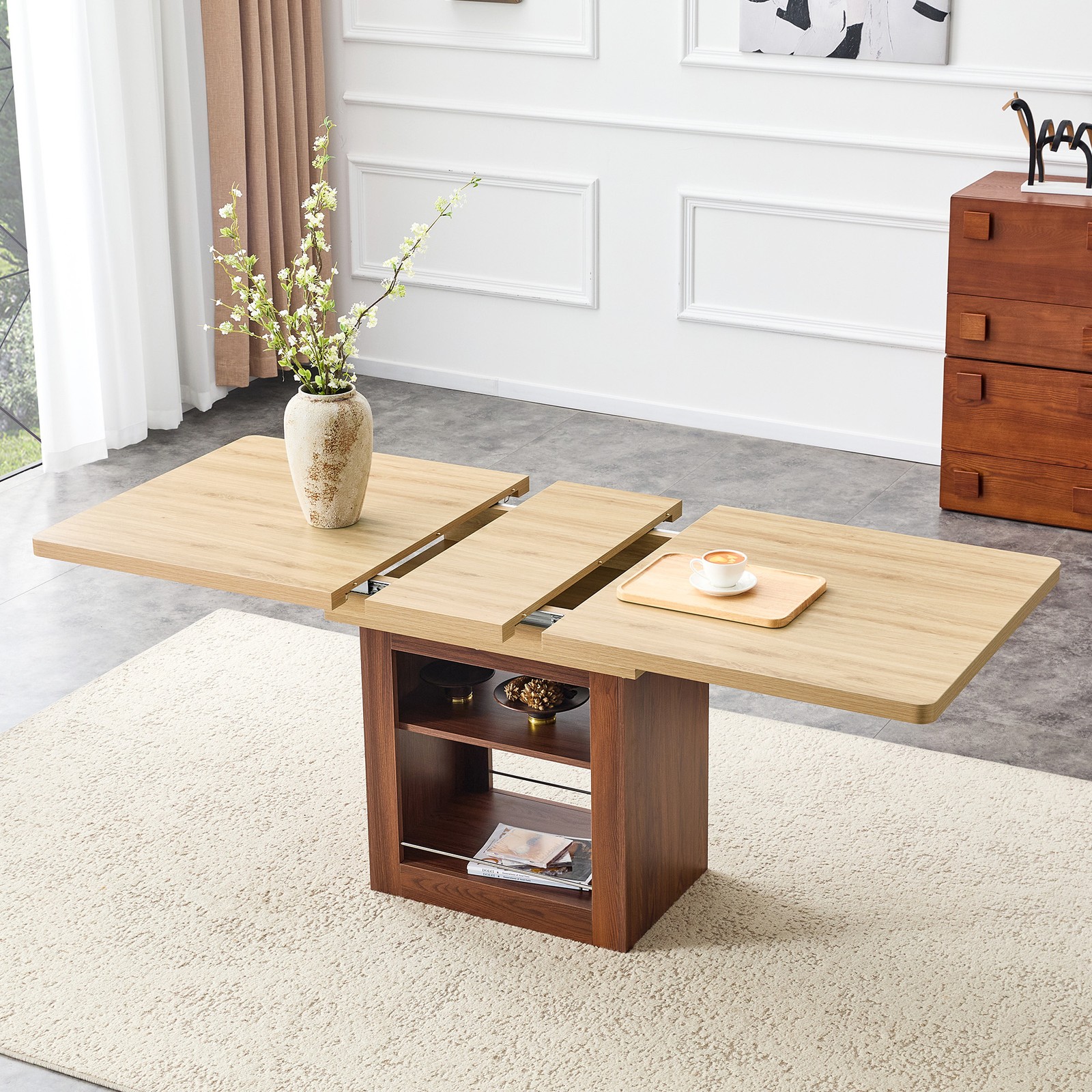 Expandable Dining Table w/storage space,59" to 71" kitchen Dining Table Walnut