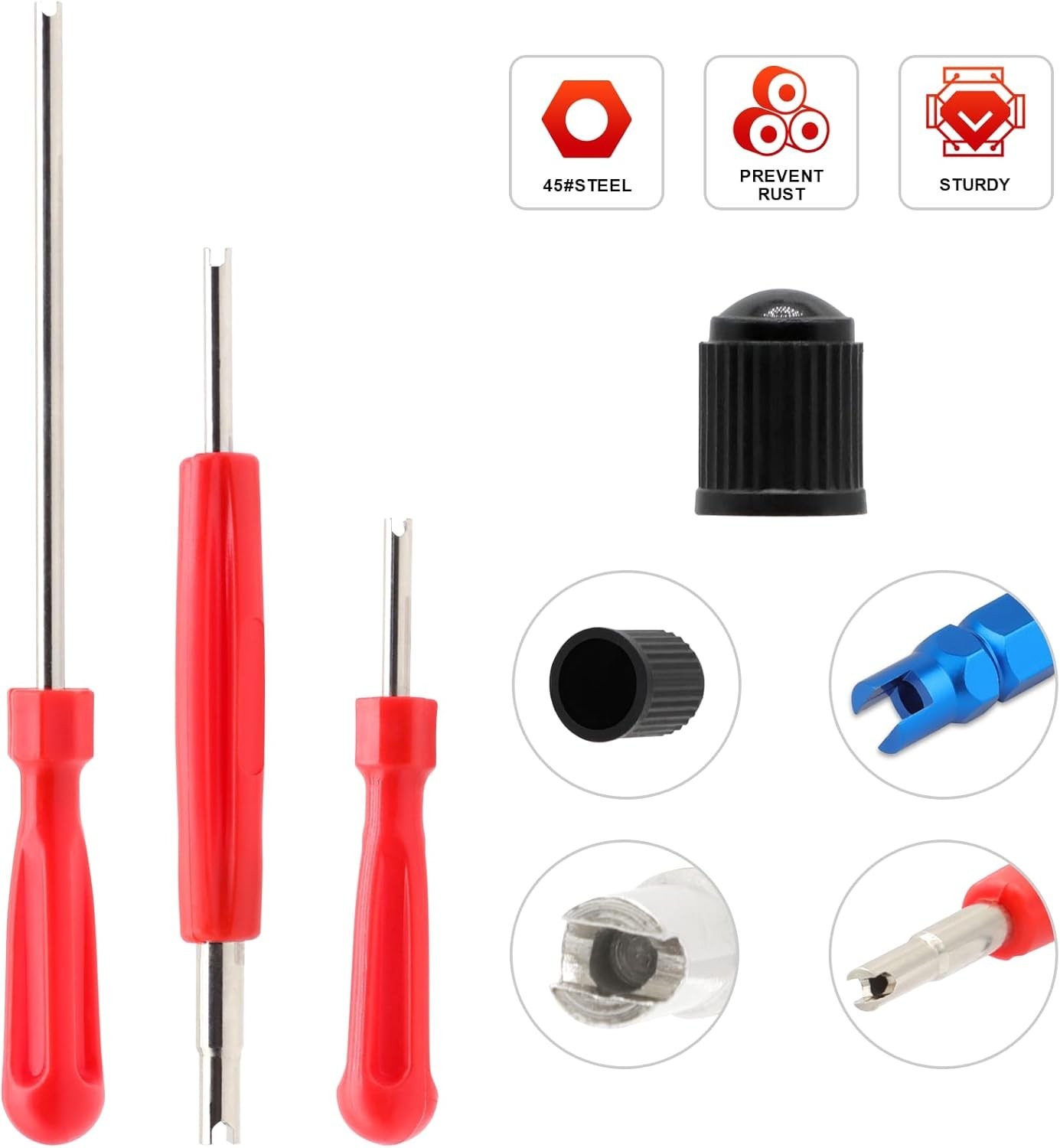 Universal Valve Stem Tool Set - 20 Valve Cores, 10 Caps & 4-Way Tool Feature