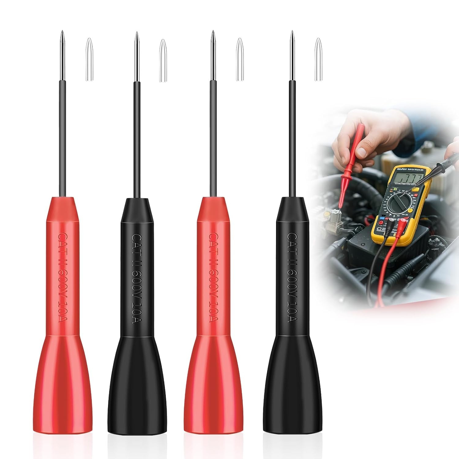 4 Pack 2mm Extended Needle Test Probes, 600V/10A Non-Destructive Black-Red