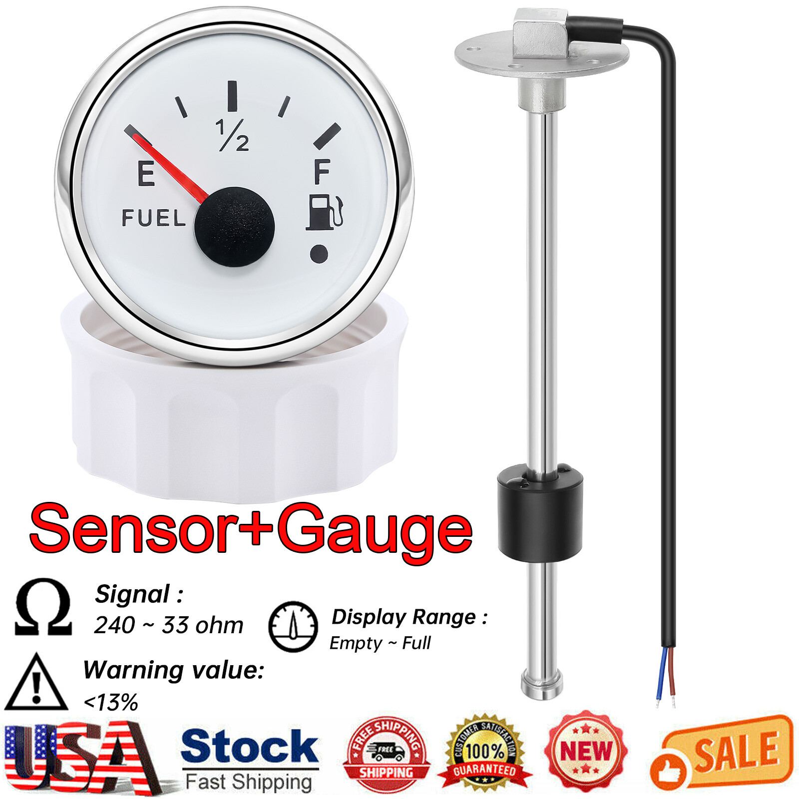 2" 52MM Universal Boat Car Gas Fuel Level Gauge with Fuel Level Sensor 240-33ohm