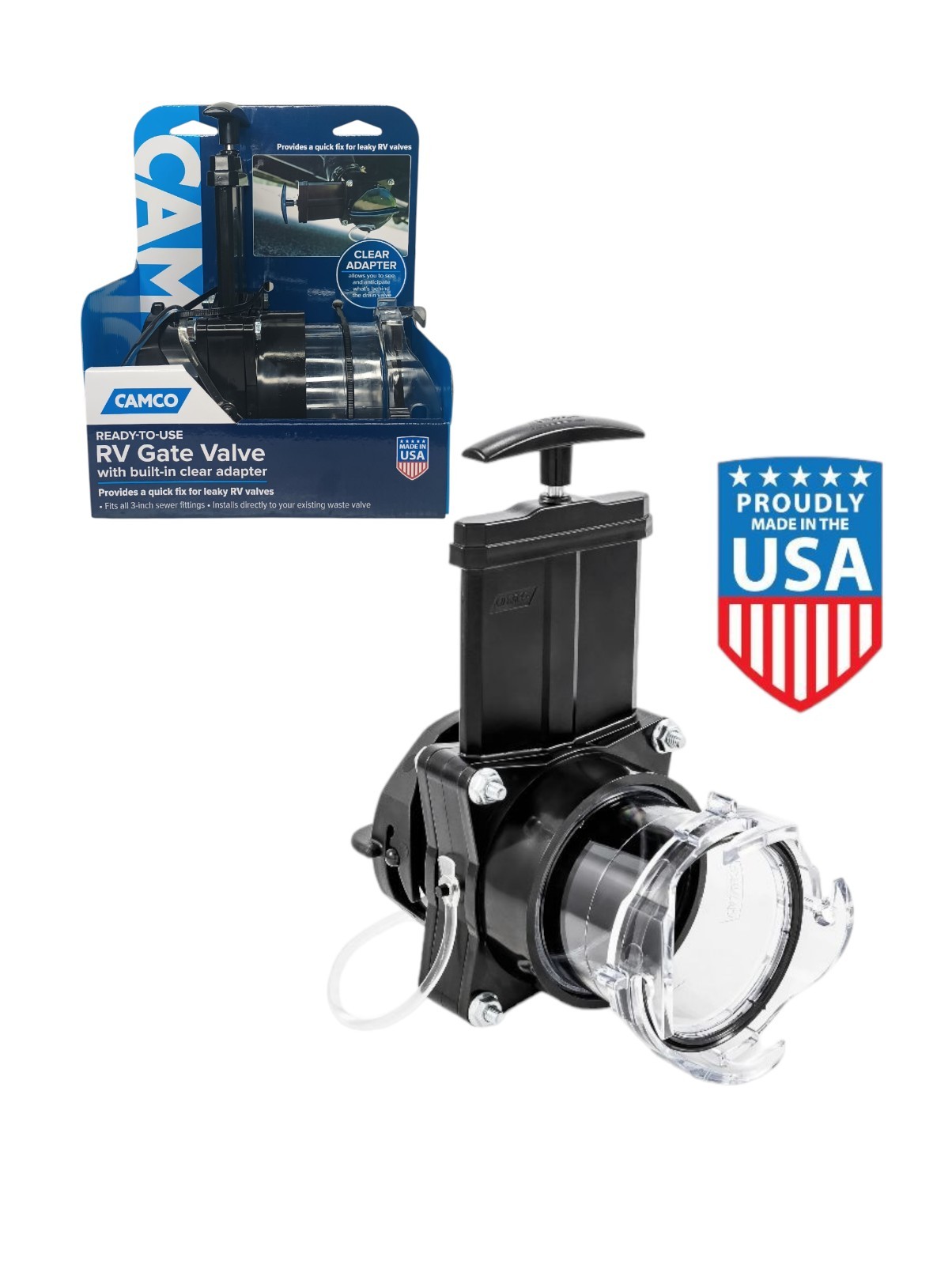 New Camco 3" RV Gate Valve w/3.5" Clear Extension Cap [39050] Ready To Use
