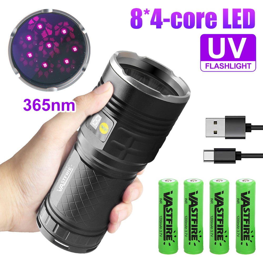 160W UV 365nm LED Flashlight Work Black Light Lamp USB Charging Inspection Torch