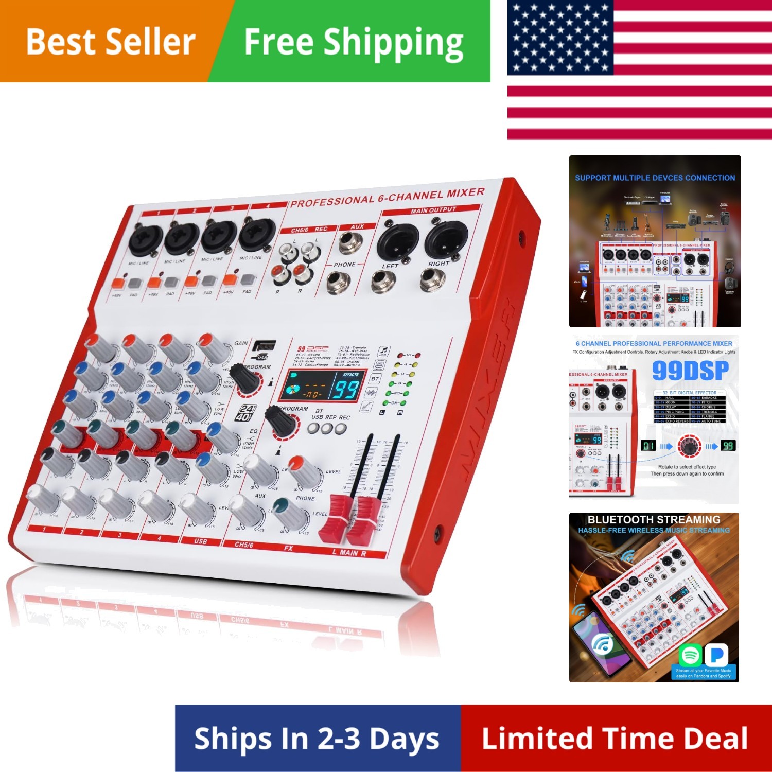 6 Channel Professional DJ Audio Mixer, Portable Controller Mixer with DSP 99 ...