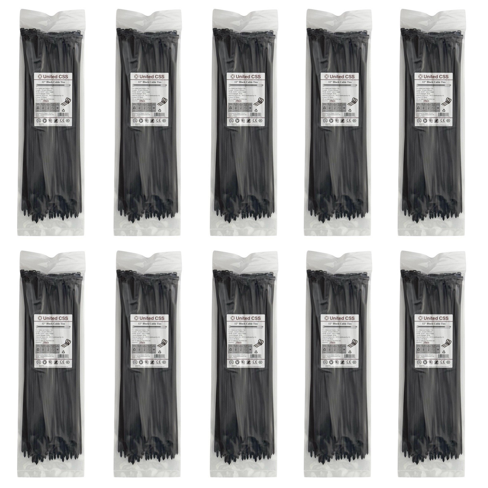 Cable Zip Ties 12 Inch Black, 1000pcs, 40 Lbs Tensile Strength by United CSS